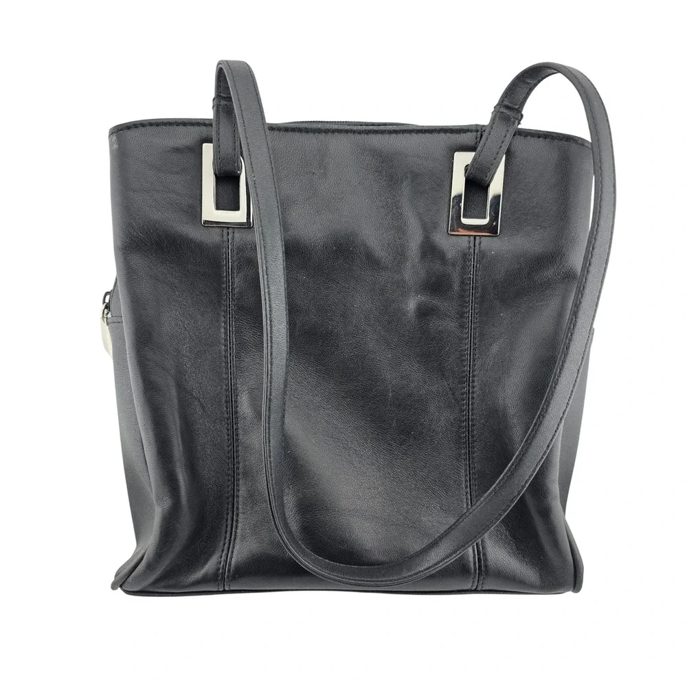 Hush Puppies Black Leather Handbag Purse Man Made‎ Trim Pre Owned